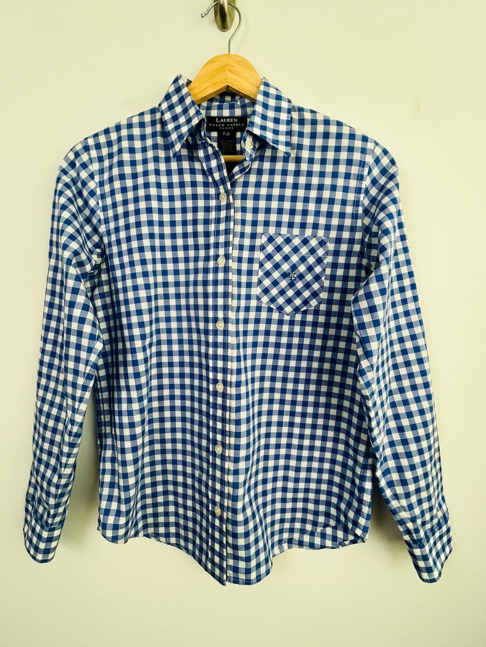 Lauren Ralph Lauren women’s 109% cotton blue white plaid check button shirt, P/P